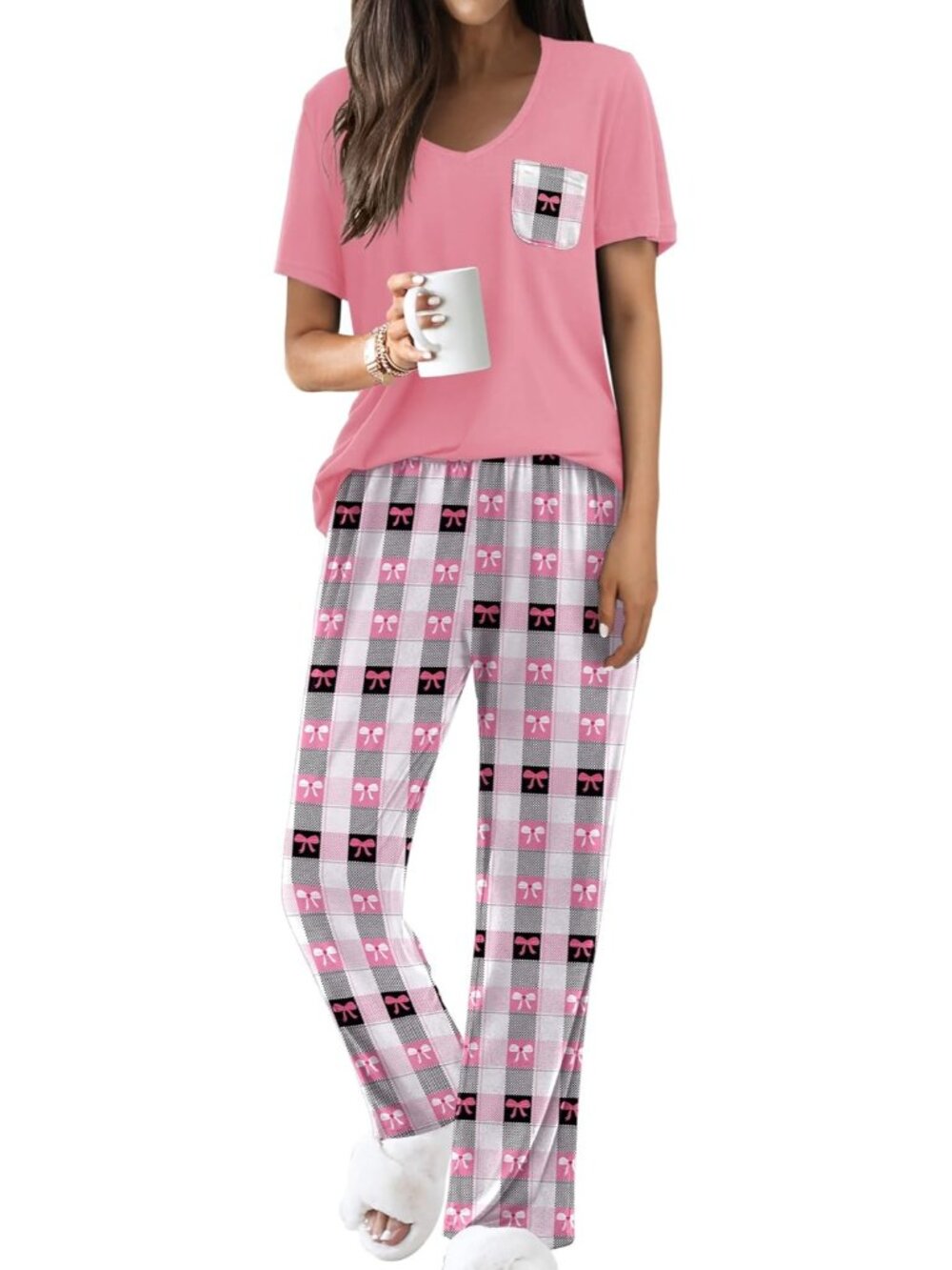 Women Pink Bow Tie V Neck Chest Pocket Short Sleeve 2 Piece Pajama Sets